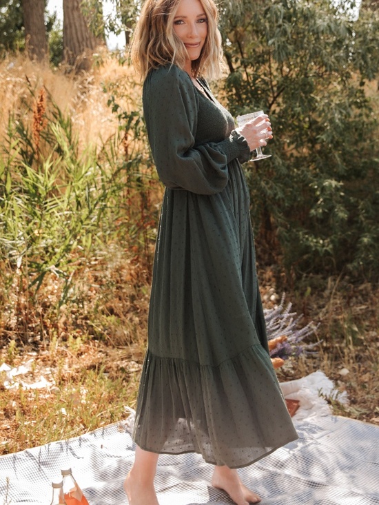 Baltic Born Lainey Smocked Dotted Midi Dress | Deep Olive Size SS - Picture 3 of 5